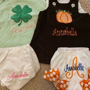“Annabelle” monogram dresses and diaper covers